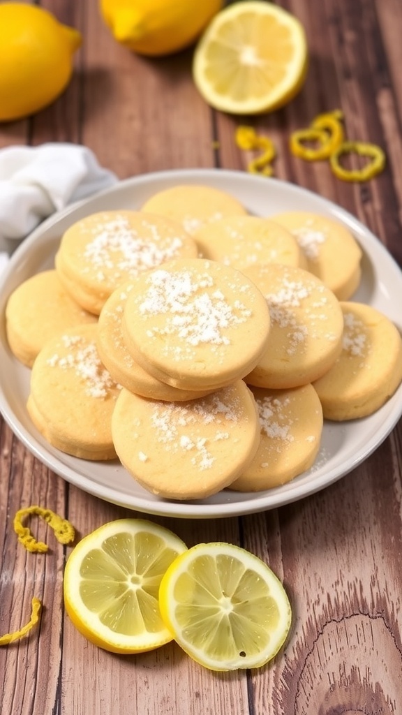 A plate of golden Lemon Zest Shortbread Cookies with powdered sugar and lemon slices.